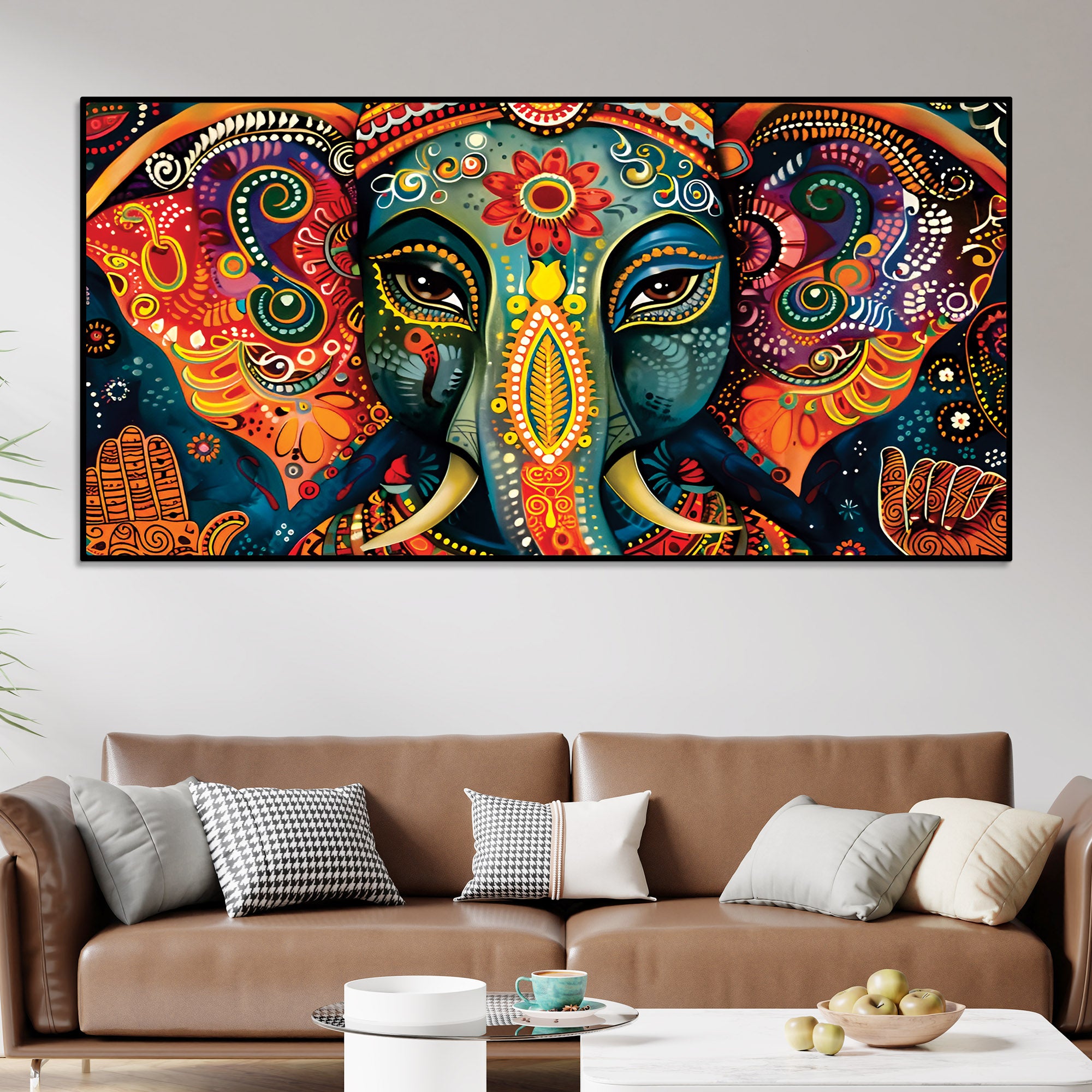 Vibrant Lord Ganesha Face Abstract Canvas Wall Painting for Home & Office – Modern Spiritual Wall Decor