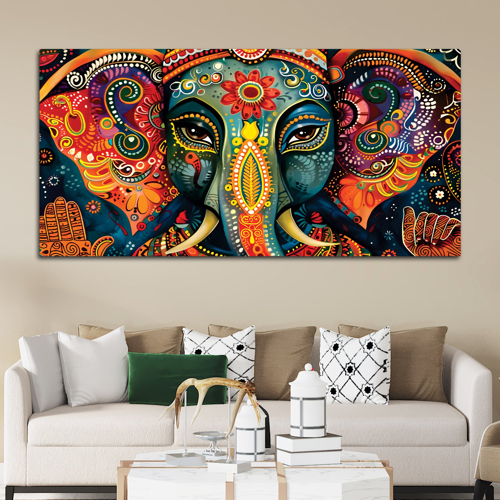 Vibrant Lord Ganesha Face Abstract Canvas Wall Painting for Home & Office – Modern Spiritual Wall Decor