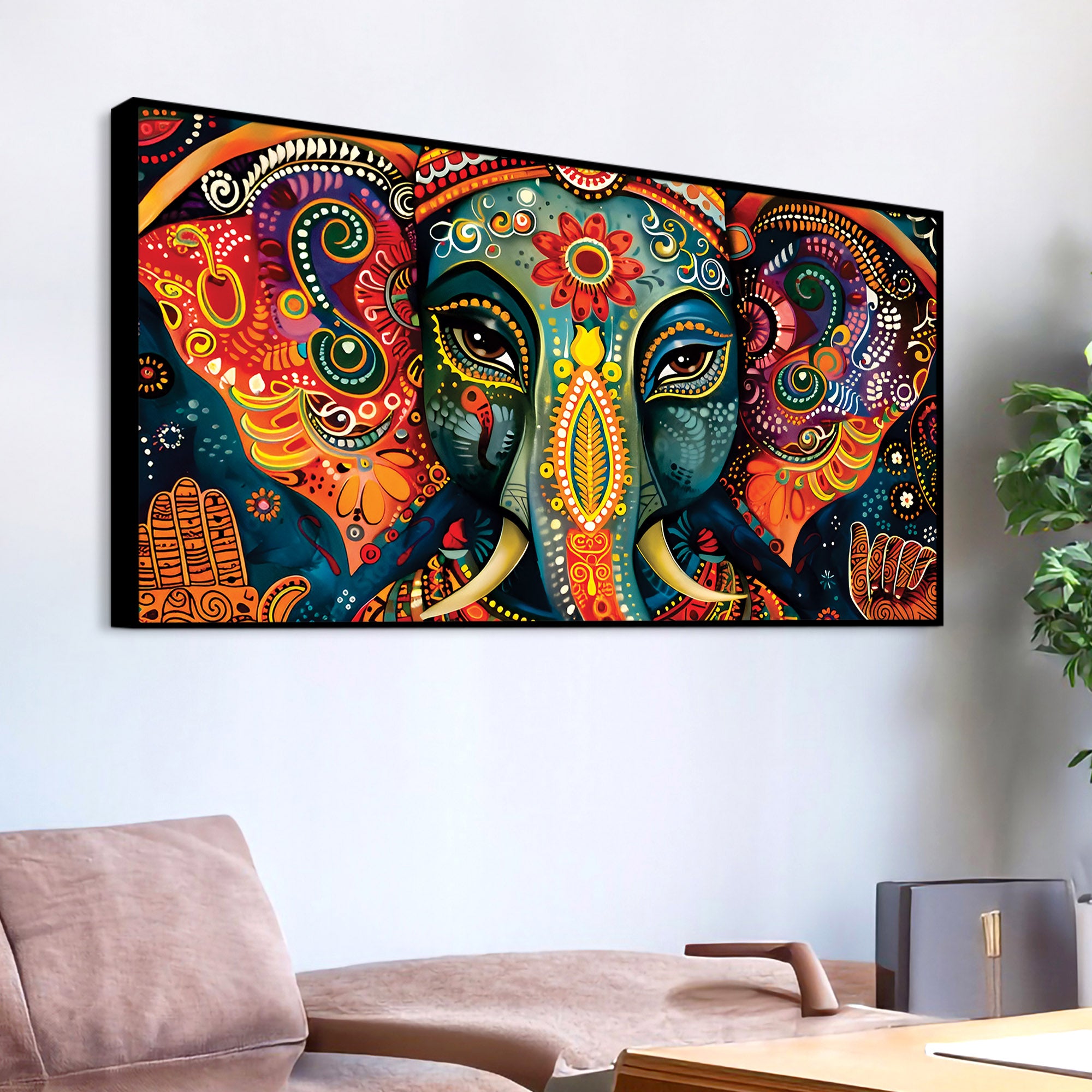 Vibrant Lord Ganesha Face Abstract Canvas Wall Painting for Home & Office – Modern Spiritual Wall Decor