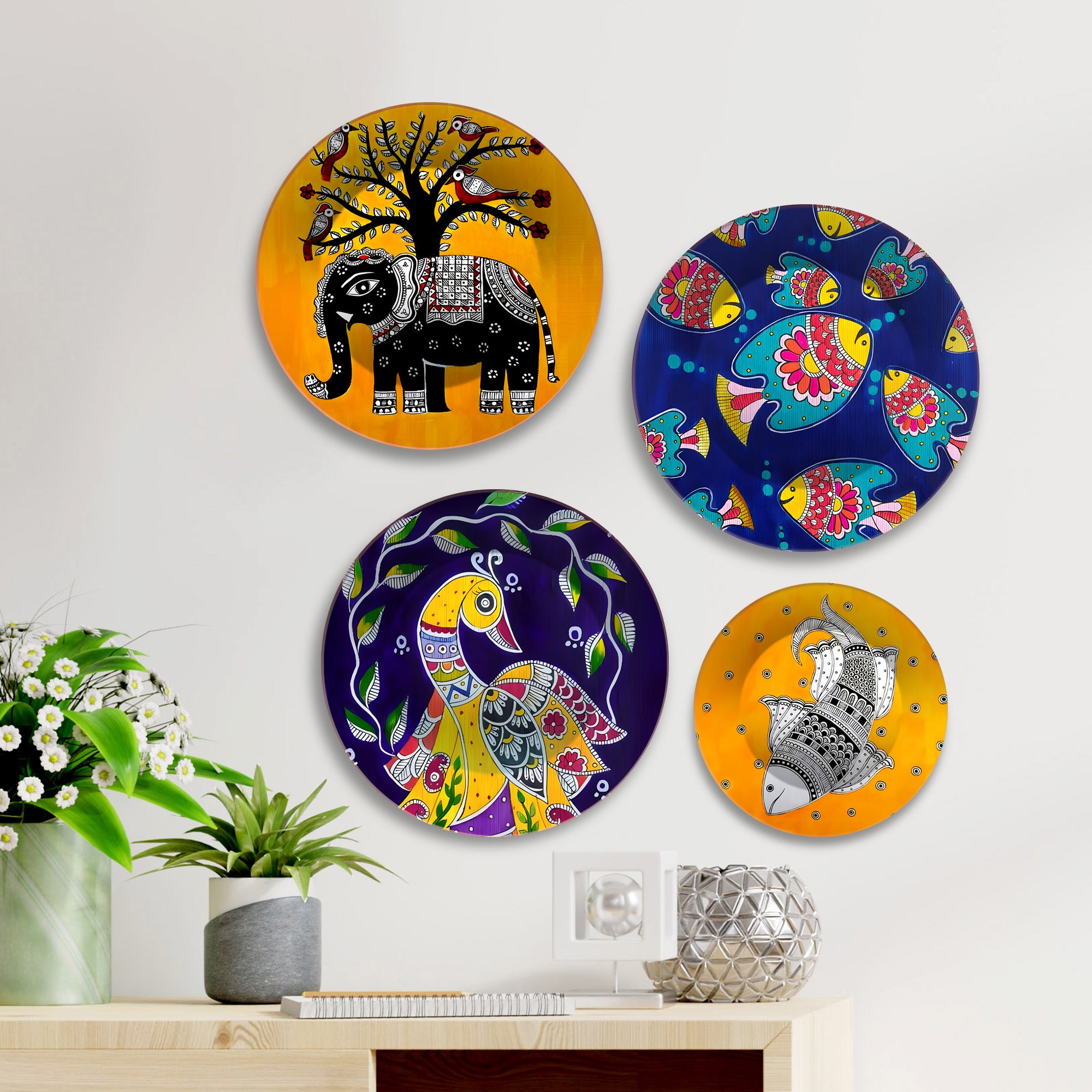 Vibrant Tribal Spirit Jungle Motifs Premium Wall Plates Painting Set of Four