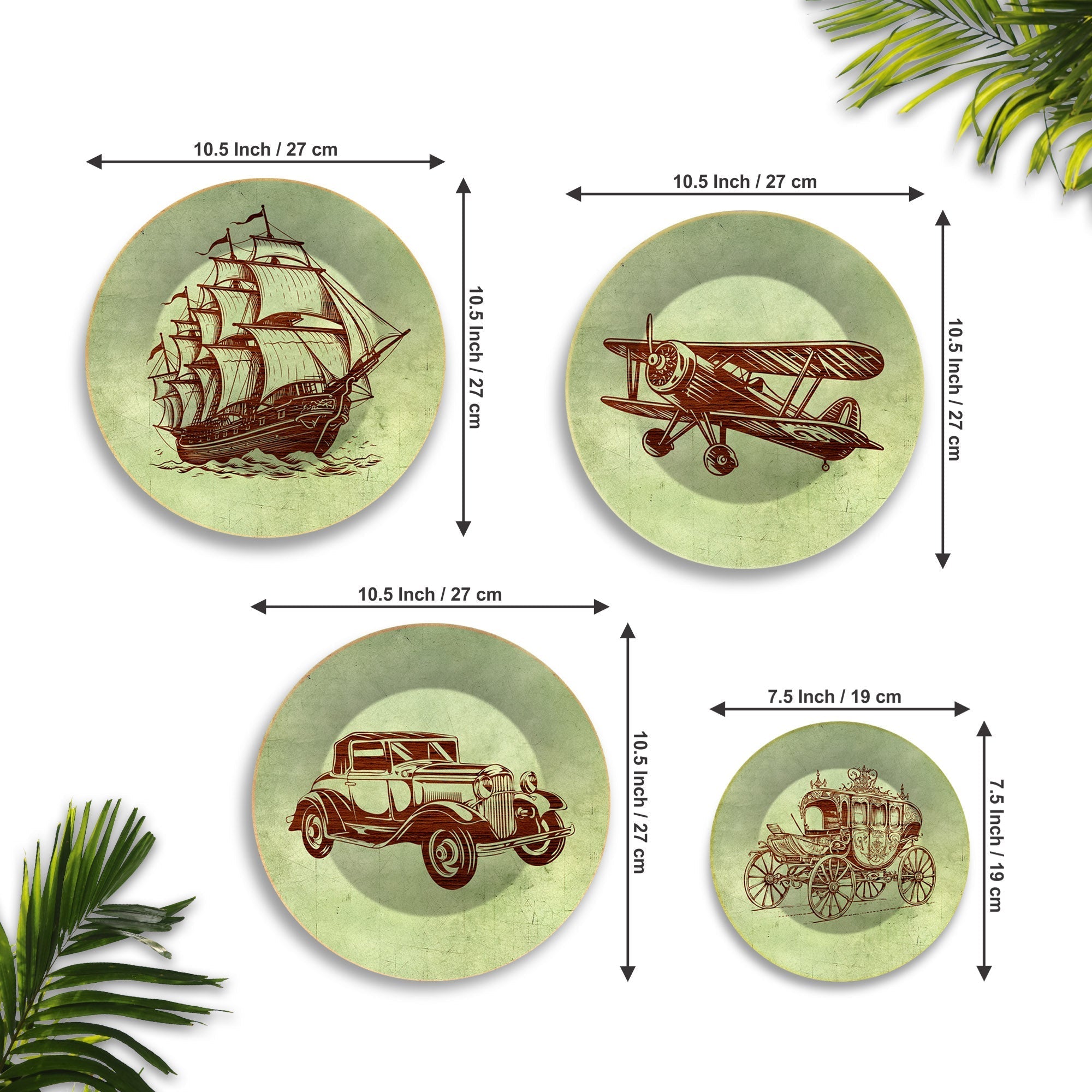 Vintage Means of Transport Wall Plates Painting Set of Four
