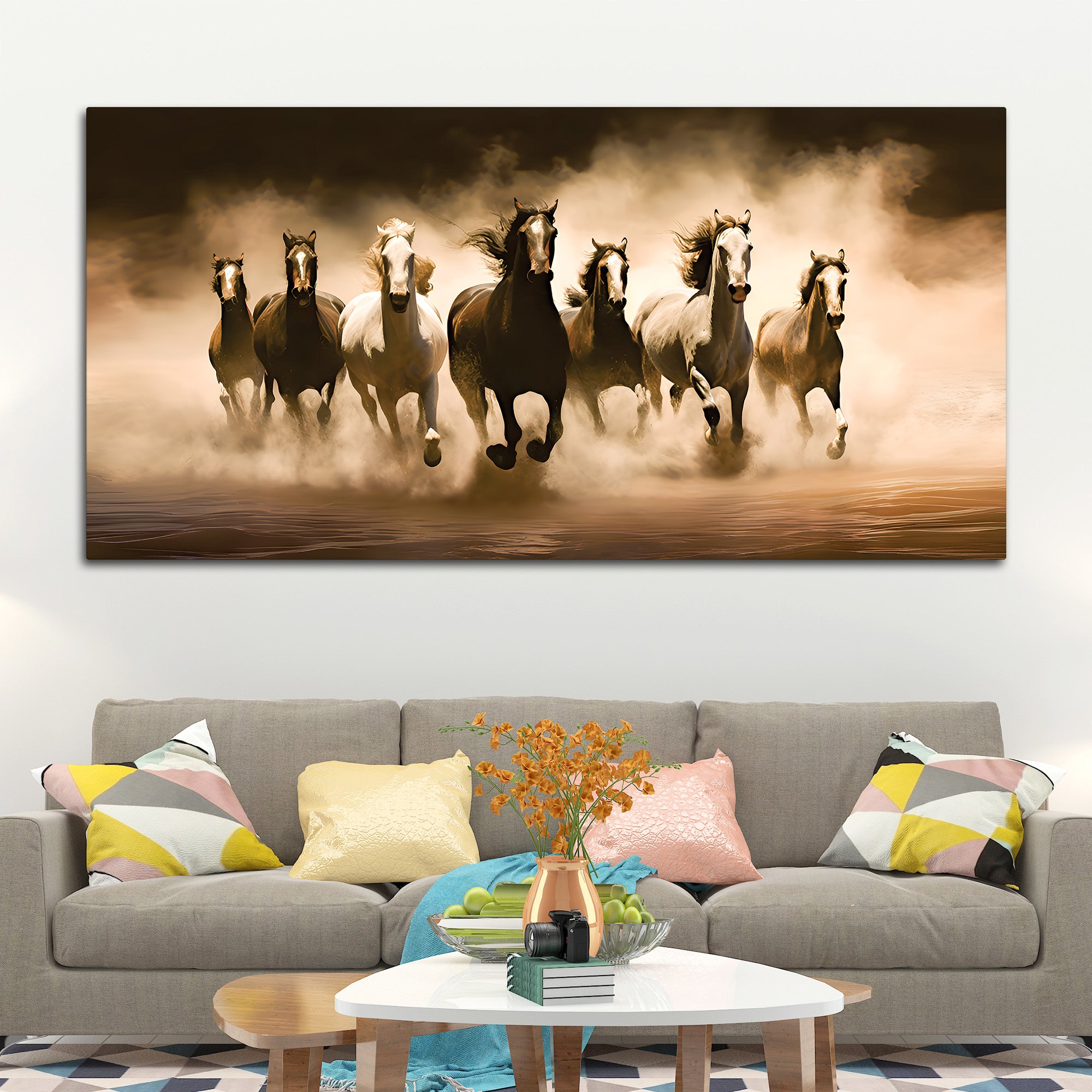 Vintage Scene of Seven Horses Canvas Wall Painting