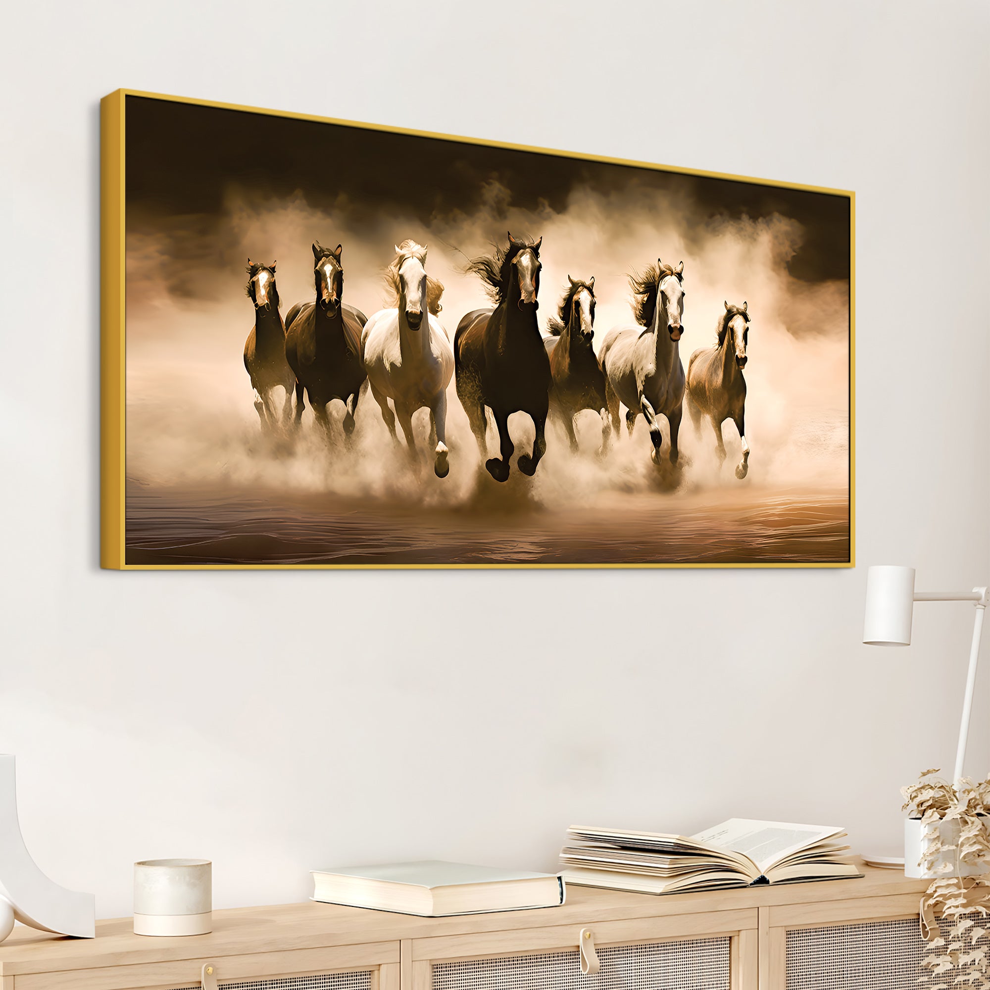 Vintage Scene of Seven Horses Canvas Wall Painting