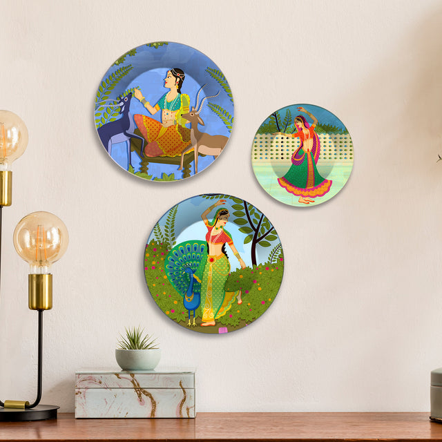 Vrindavan Vibes Women & Nature Premium Wall Plates Painting Set of 3