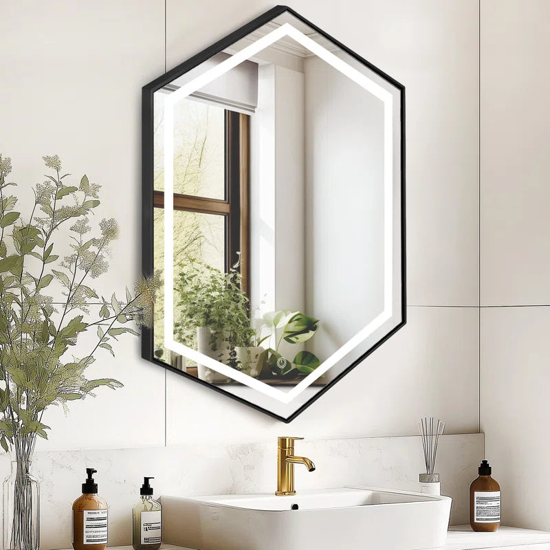 Wall-Mounted Hexagon Mirror with LED Light and Storage Shelves