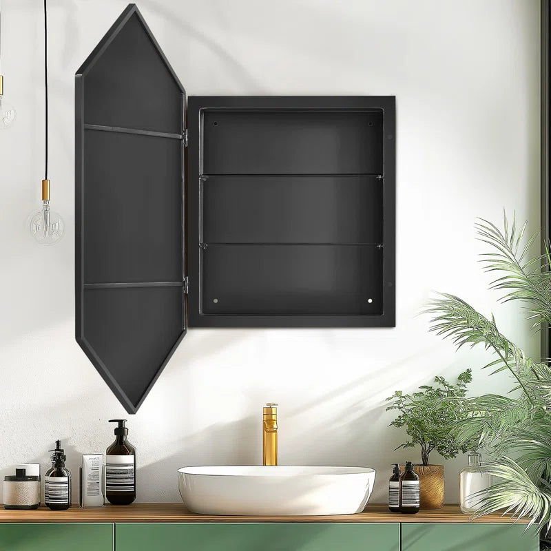 Wall-Mounted Hexagon Mirror with LED Light and Storage Shelves