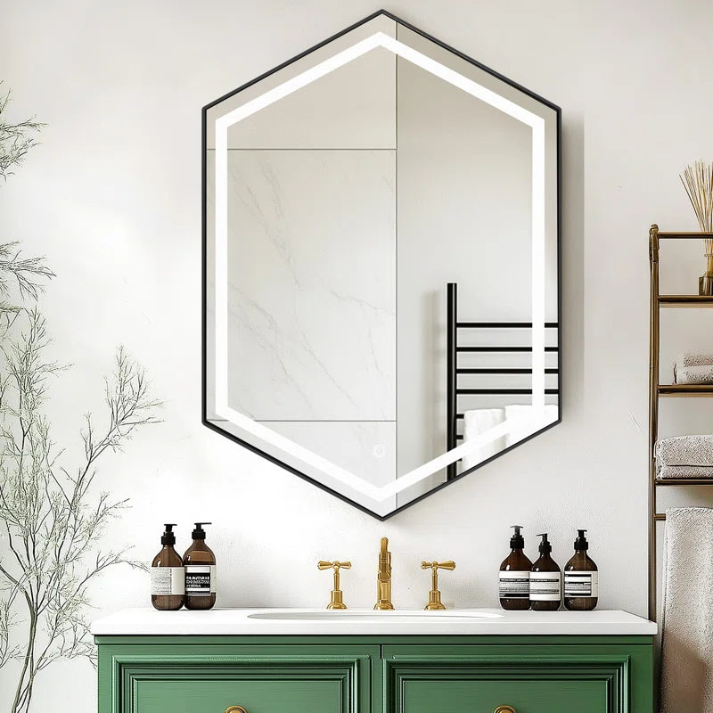 Wall-Mounted Hexagon Mirror with LED Light and Storage Shelves