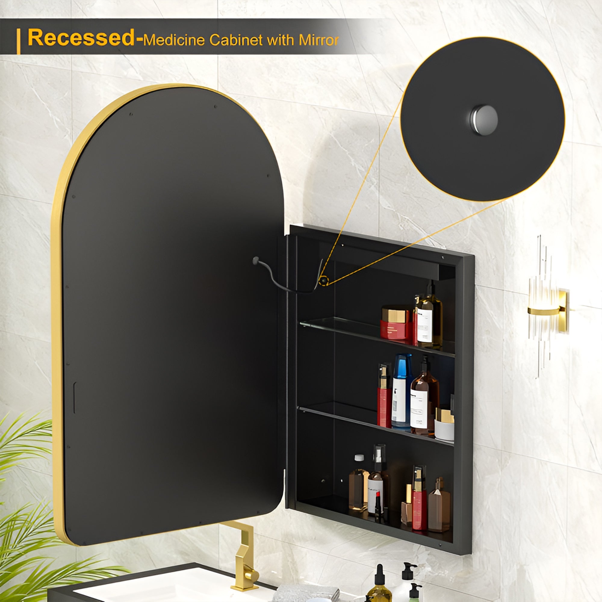 Wall Mounted LED Vanity Mirror Cabinet with Curved Design and Gold Trim