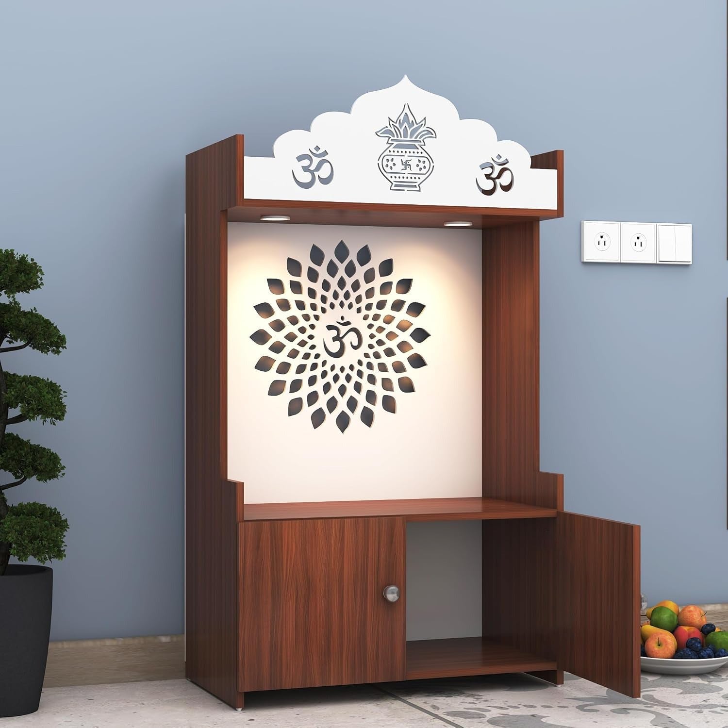 Walnut Finish Wooden Floor Pooja Mandir with Kalash & Om Design Lotus Pattern Back Panel & Cabinet