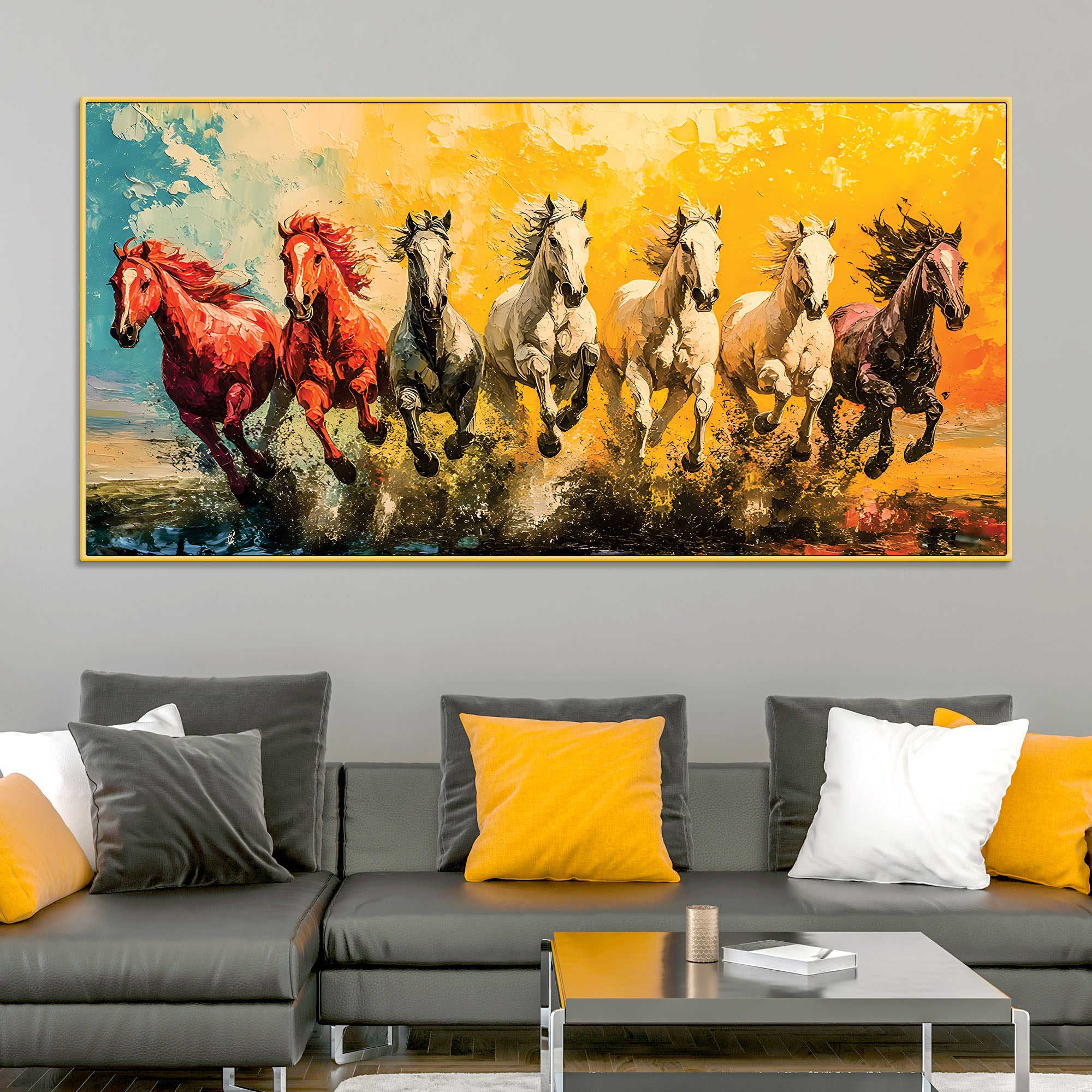 Watercolor Art of Seven Running Horses Wall Painting
