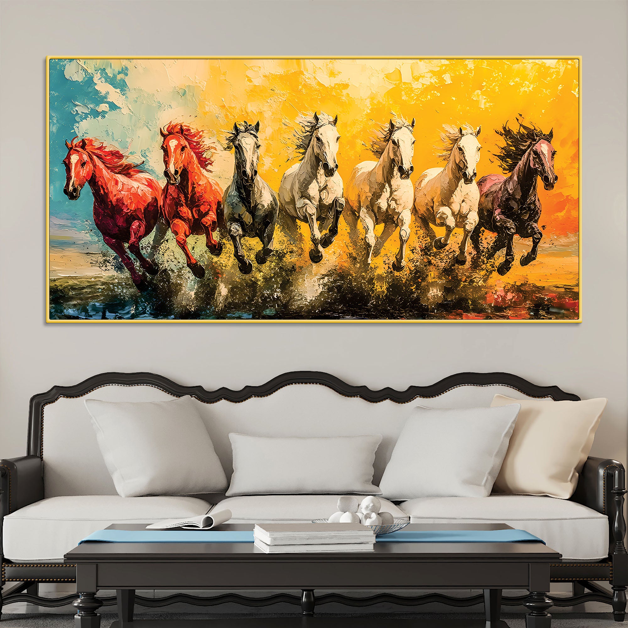 Watercolor Art of Seven Running Horses Wall Painting