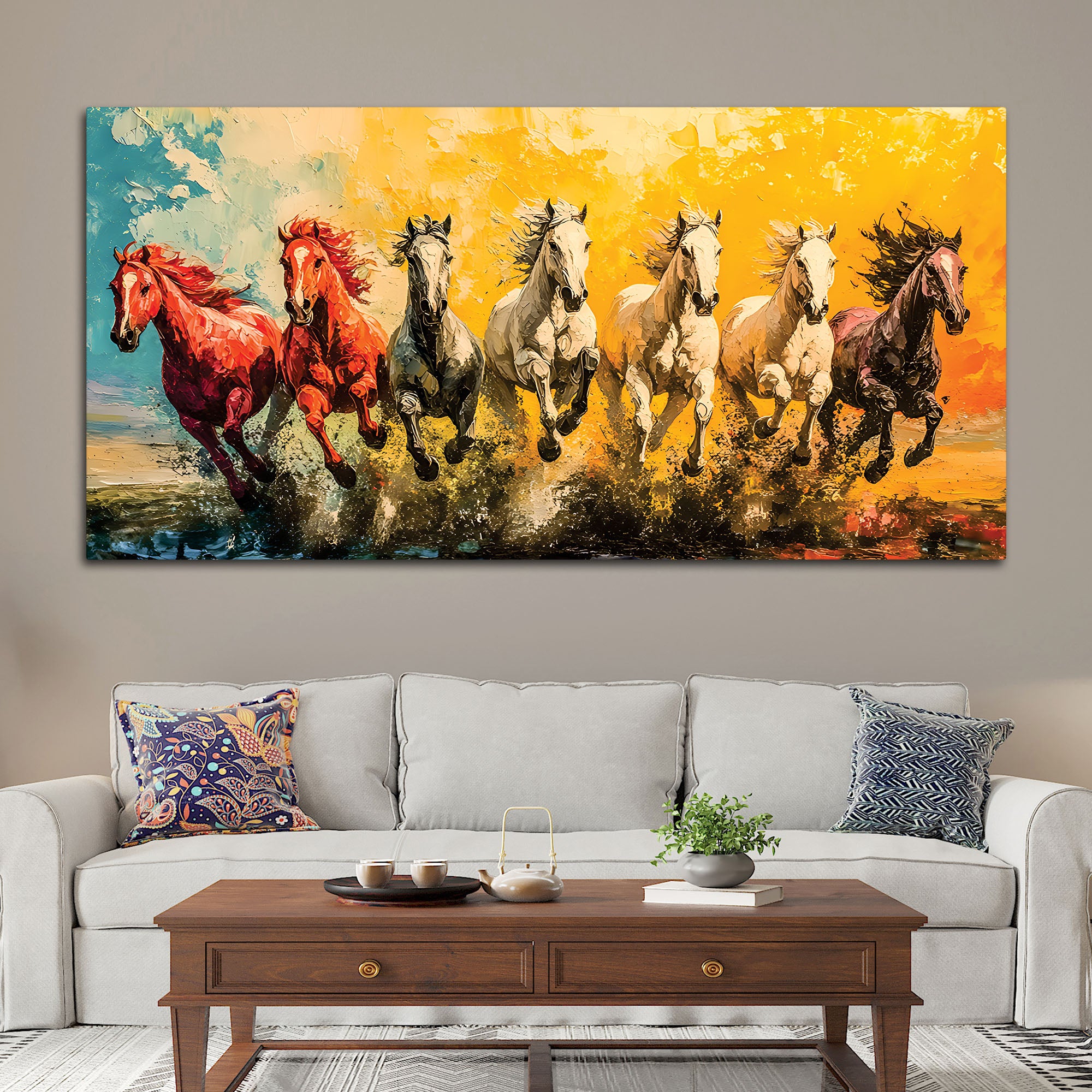 Watercolor Art of Seven Running Horses Wall Painting