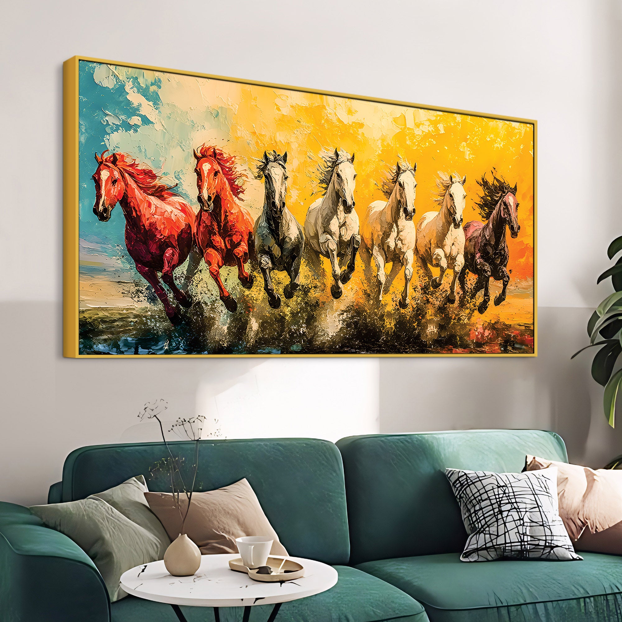 Watercolor Art of Seven Running Horses Wall Painting