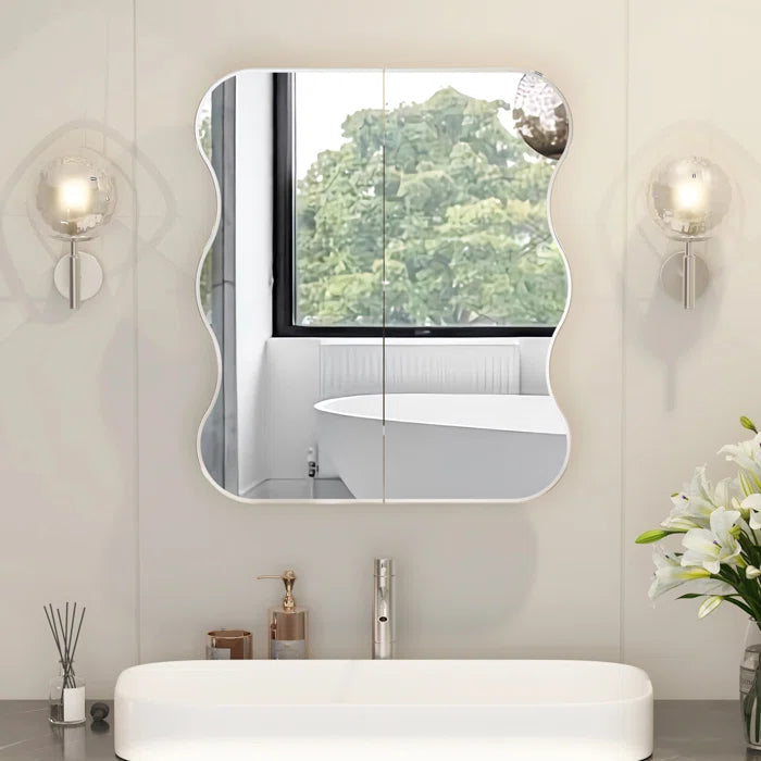 Wave Shape Wall Mirror Cabinet with Storage Shelves Inside