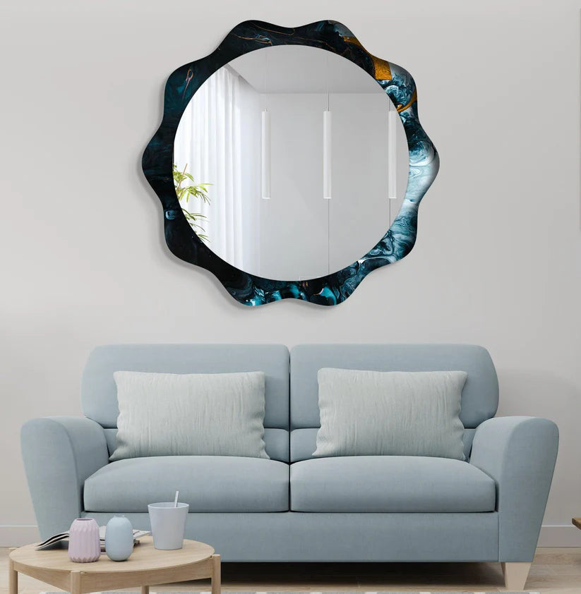 Wavy Frame Round Acrylic Wall Mirror in Blue Marble Design