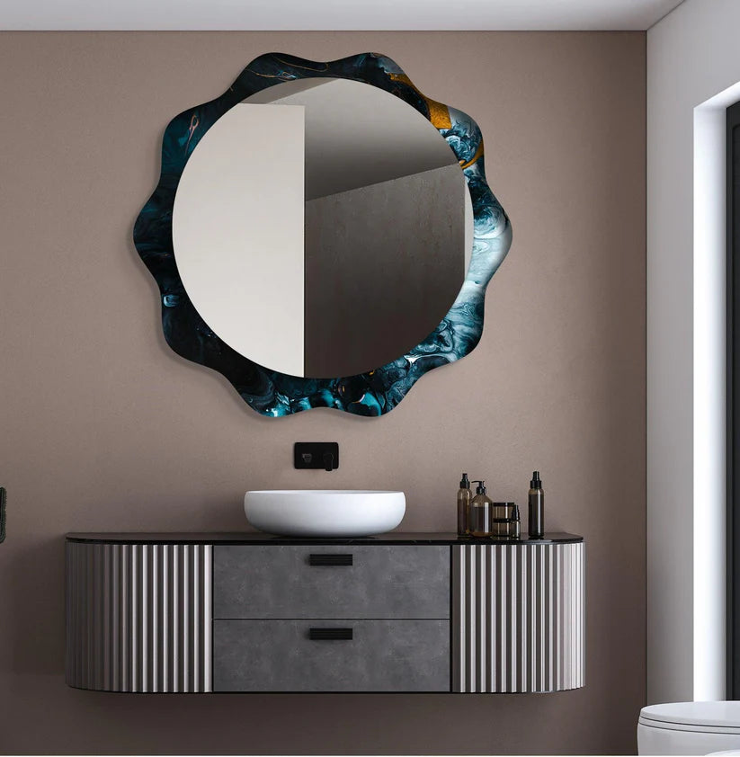 Wavy Frame Round Acrylic Wall Mirror in Blue Marble Design