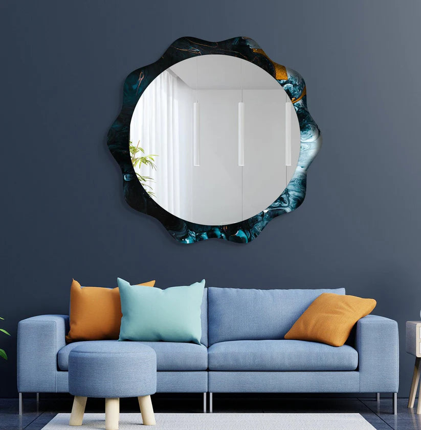 Wavy Frame Round Acrylic Wall Mirror in Blue Marble Design