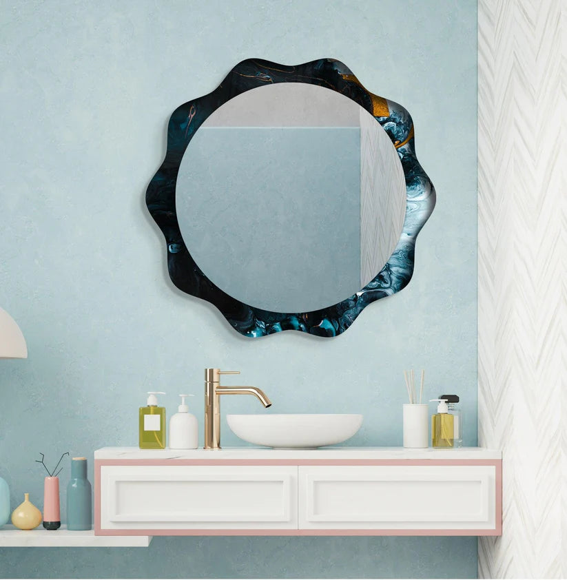 Wavy Frame Round Acrylic Wall Mirror in Blue Marble Design