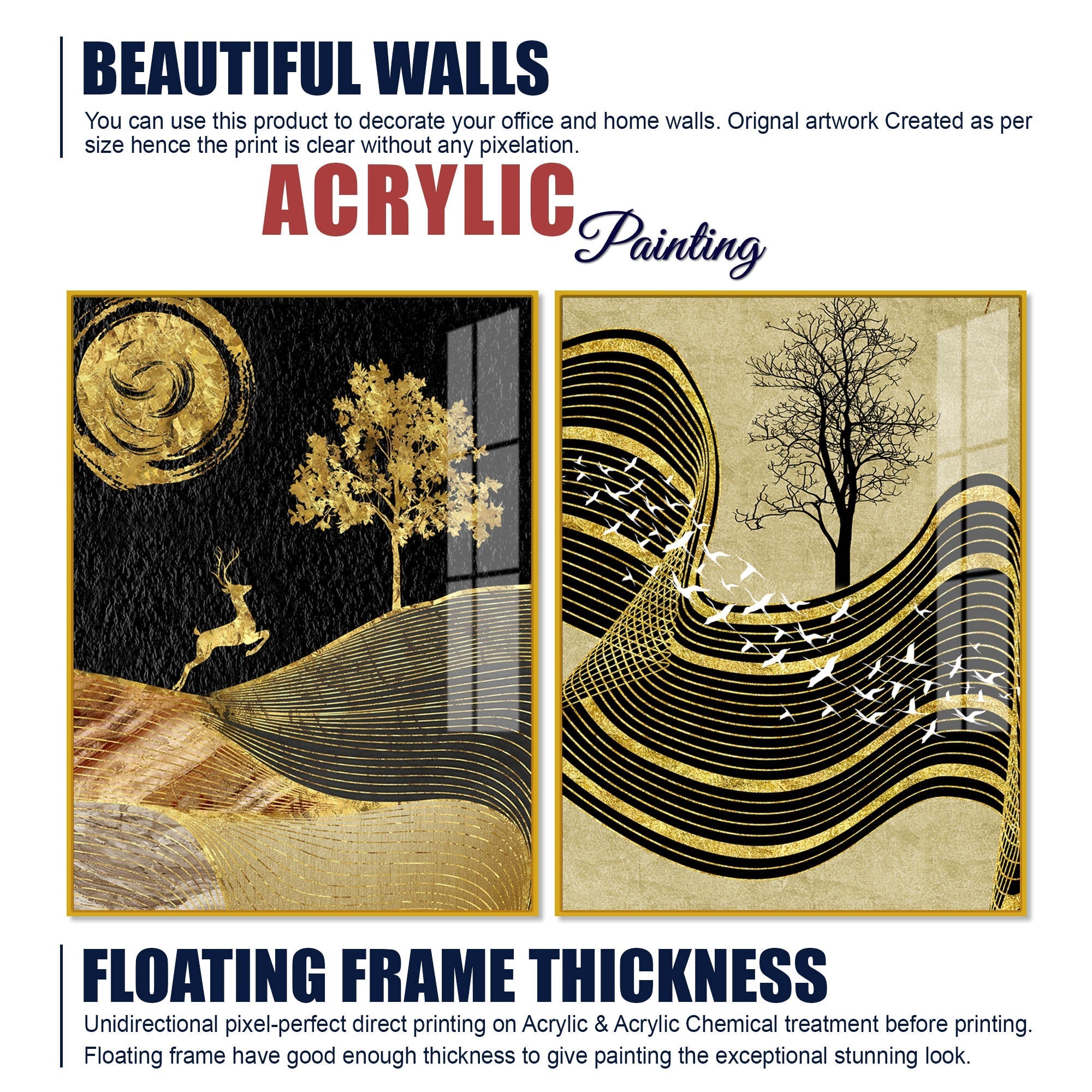 Wavy Golden Lines Mountains Premium Acrylic Floating Wall Painting Set Of 2