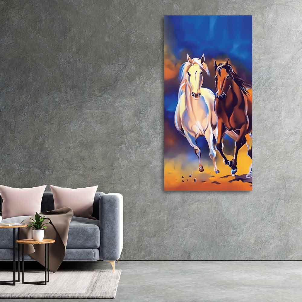 White & Brown Horse Running Canvas Wall Hanging Painting