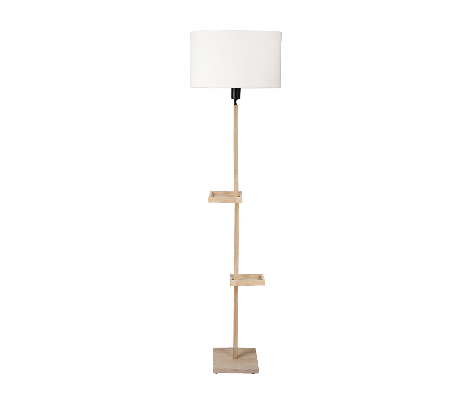 White Fabric Double Shelf Floor Lamp with Natural Solid Wood Color Base