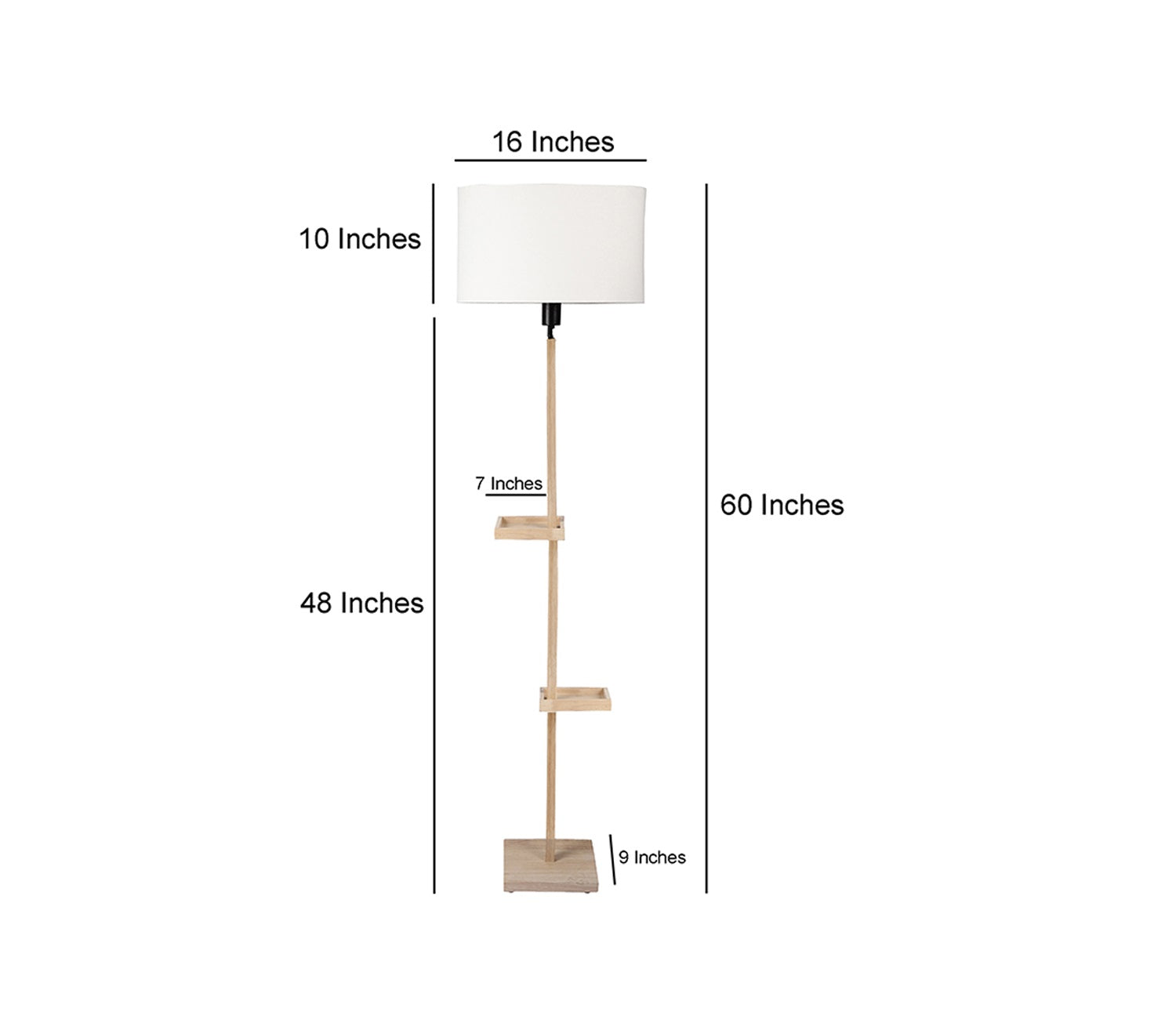 White Fabric Double Shelf Floor Lamp with Natural Solid Wood Color Base