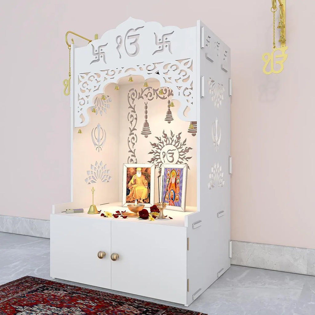 White Wooden Floor Pooja Mandir with Ik Onkar & Swastik Design Ornate Arch Laser-Cut Bell Motifs &Cabinet