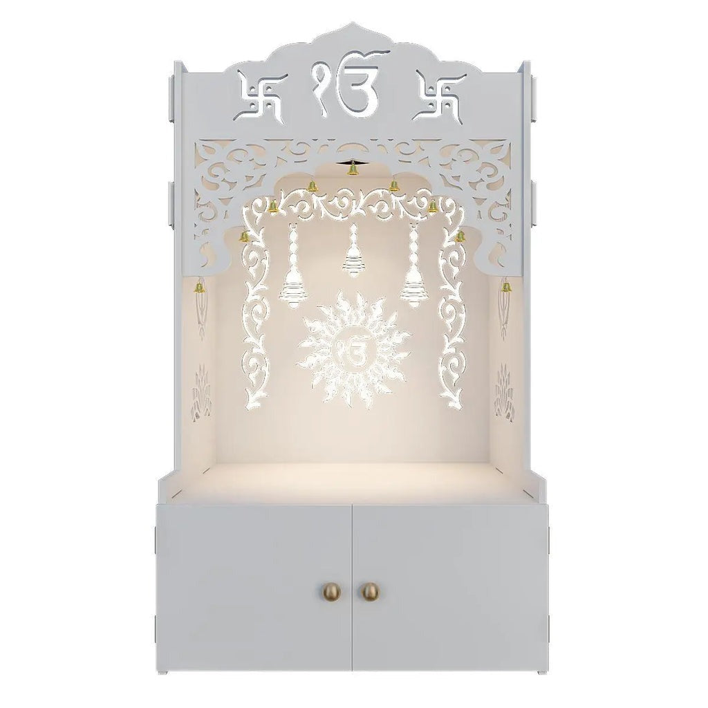 White Wooden Floor Pooja Mandir with Ik Onkar & Swastik Design Ornate Arch Laser-Cut Bell Motifs &Cabinet