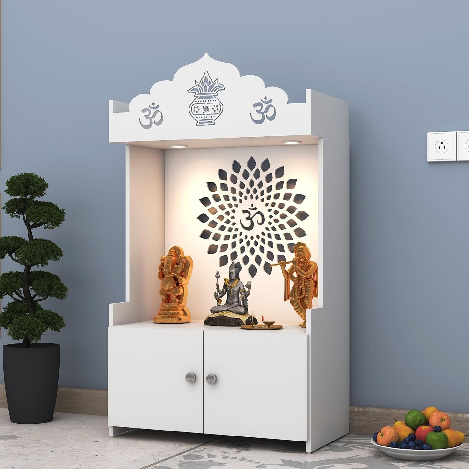 White Wooden Floor Pooja Mandir with Kalash & Om Top Design Lotus Pattern Back Panel Storage Cabinet