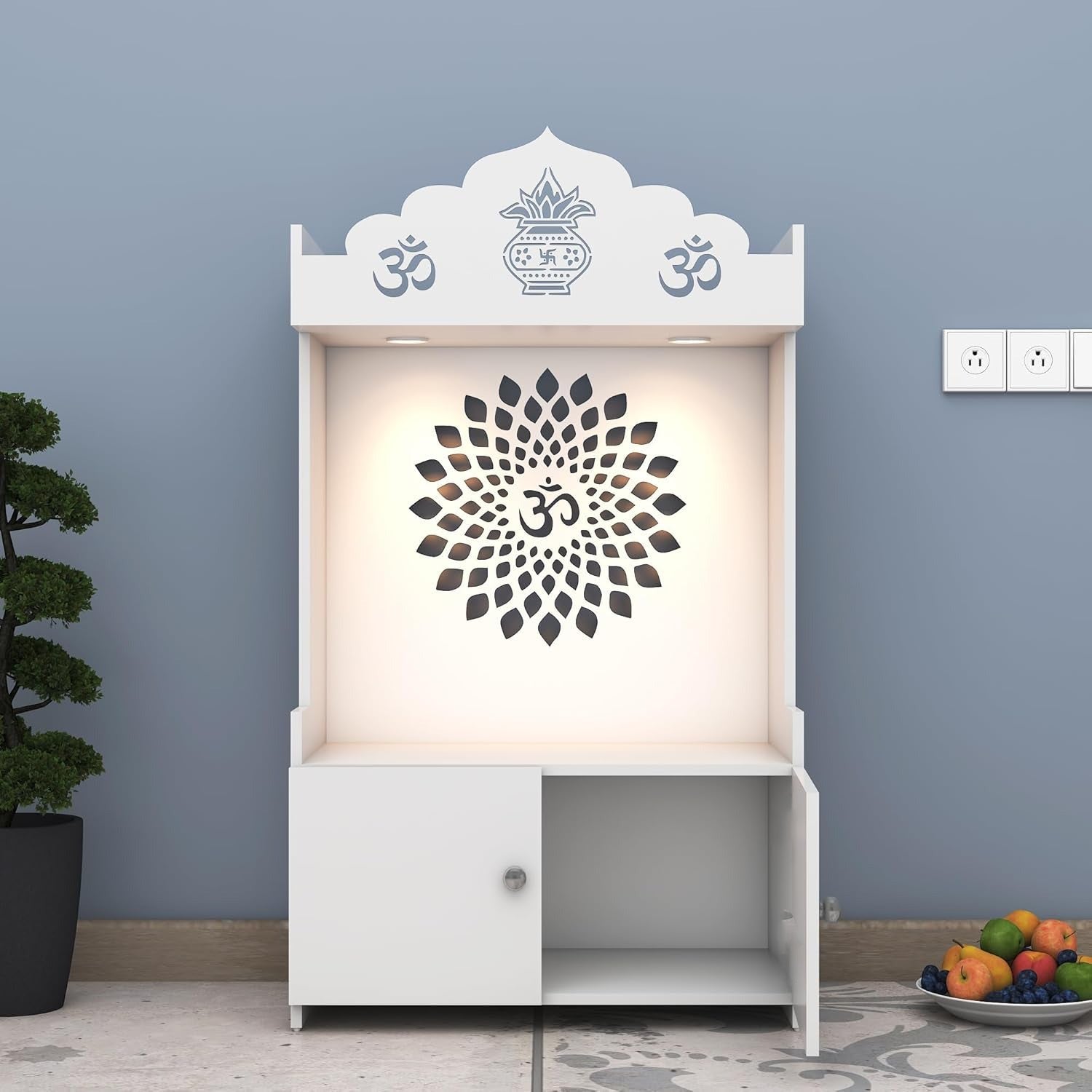 White Wooden Floor Pooja Mandir with Kalash & Om Top Design Lotus Pattern Back Panel Storage Cabinet