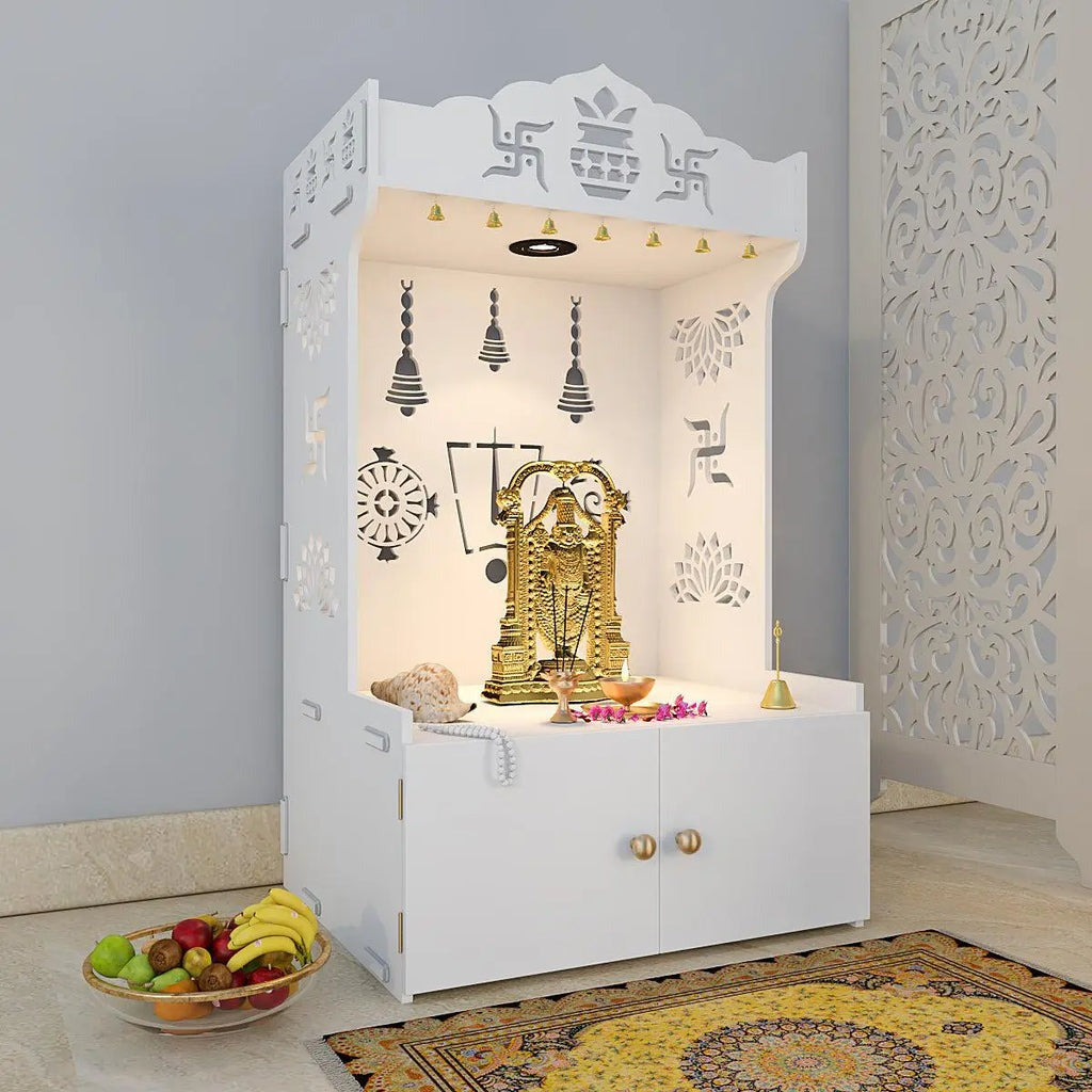 White Wooden Floor Pooja Mandir with Kalash & Swastik Design Laser-Cut Bell Shankh & Chakra Motifs & Storage Cabinet