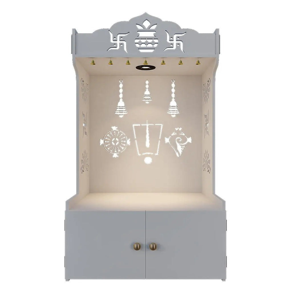 White Wooden Floor Pooja Mandir with Kalash & Swastik Design Laser-Cut Bell Shankh & Chakra Motifs & Storage Cabinet