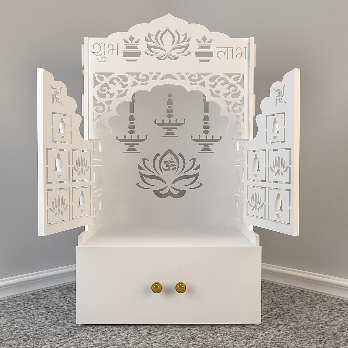 White Wooden Floor Pooja Mandir with Laser-Cut Lotus Om Design, Shubh Labh Motif, Bell Pattern Doors With Cabinet