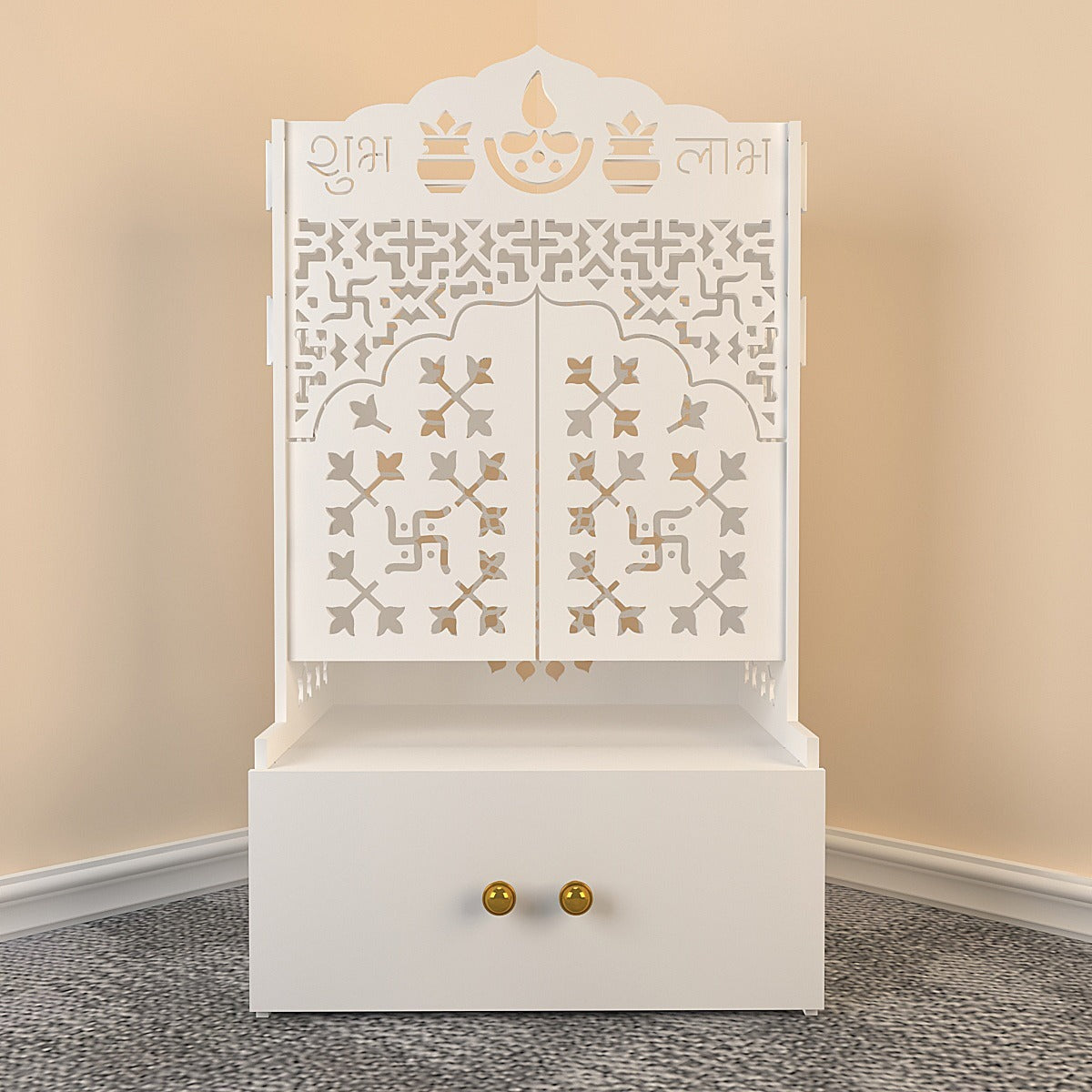 White Wooden Floor Pooja Mandir with Laser-Cut Om & Shubh Labh Motif Doors with Storage Cabinet