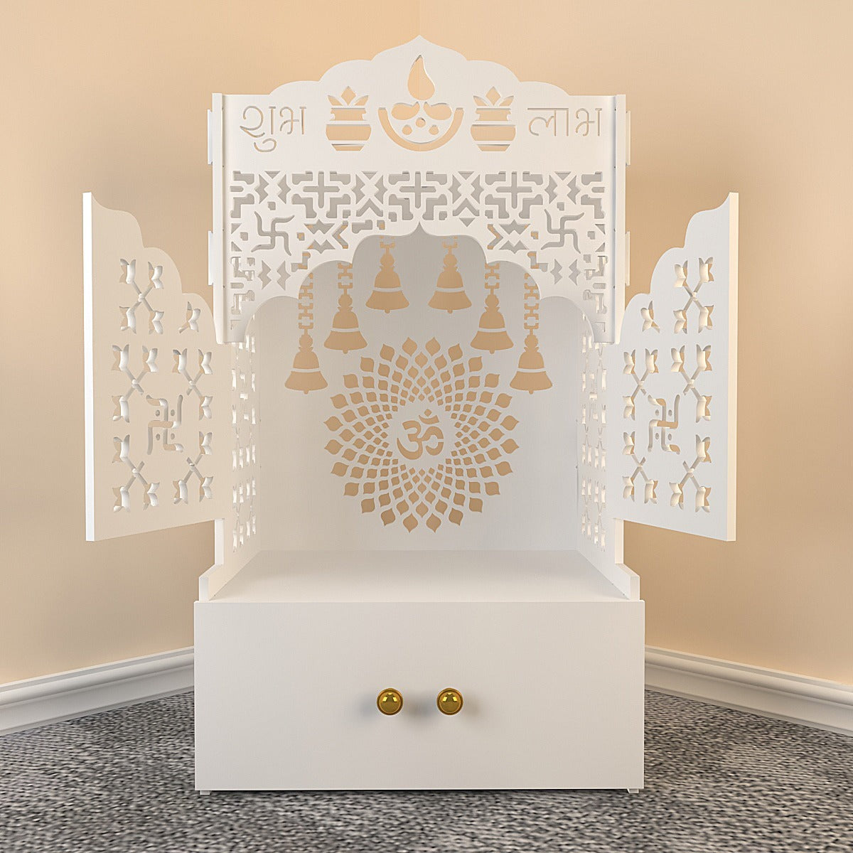 White Wooden Floor Pooja Mandir with Laser-Cut Om & Shubh Labh Motif Doors with Storage Cabinet