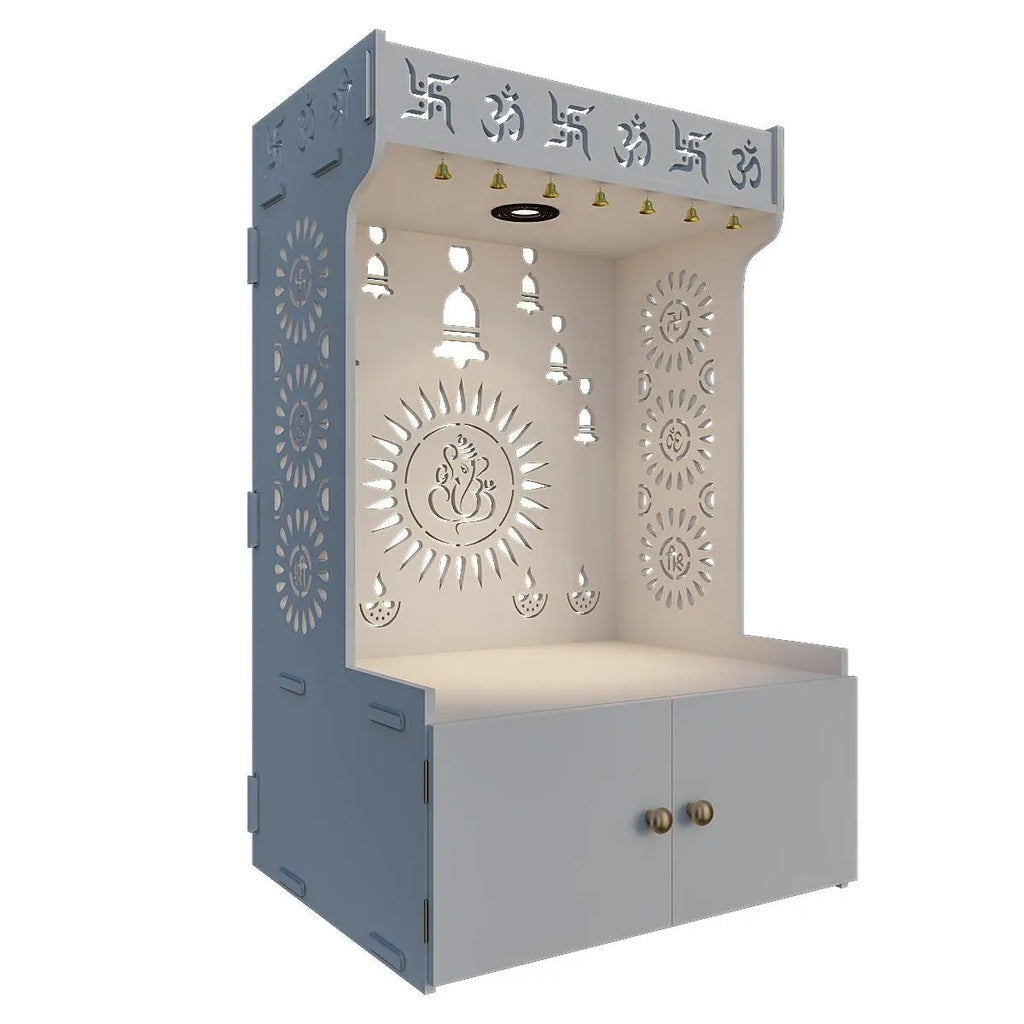 White Wooden Floor Pooja Mandir with Om & Swastik Design Ganesh Laser-Cut Back Panel Bell Motifs & Storage Cabinet