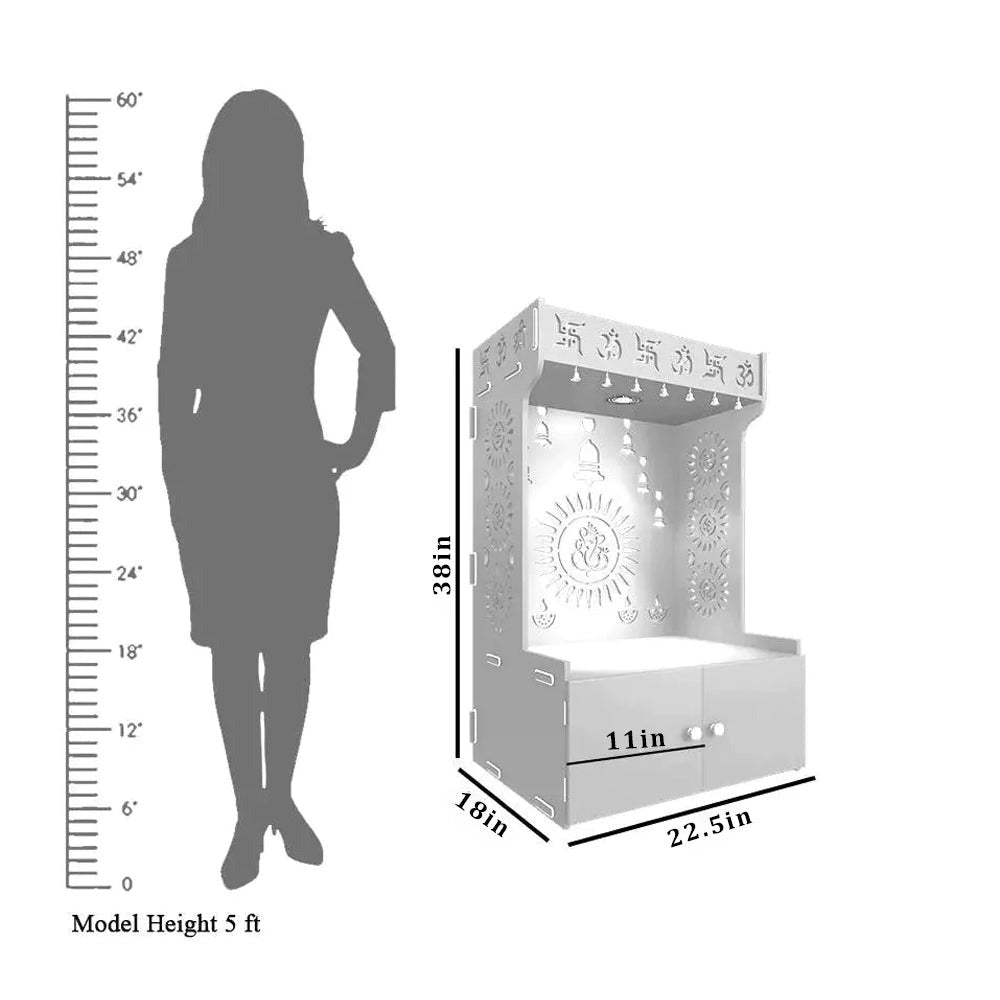 White Wooden Floor Pooja Mandir with Om & Swastik Design Ganesh Laser-Cut Back Panel Bell Motifs & Storage Cabinet