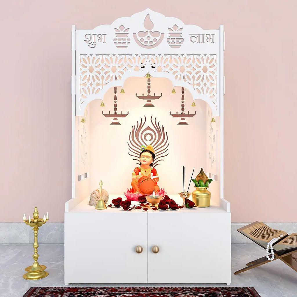 White Wooden Floor Pooja Mandir with Shubh Labh Design Floral & Peacock Feather Motifs Laser-Cut Panels & Storage Cabinet