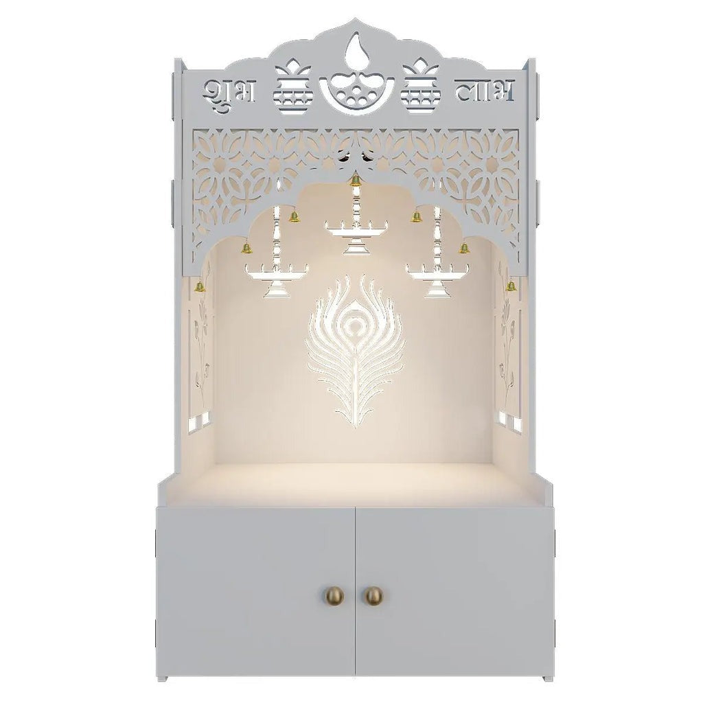 White Wooden Floor Pooja Mandir with Shubh Labh Design Floral & Peacock Feather Motifs Laser-Cut Panels & Storage Cabinet