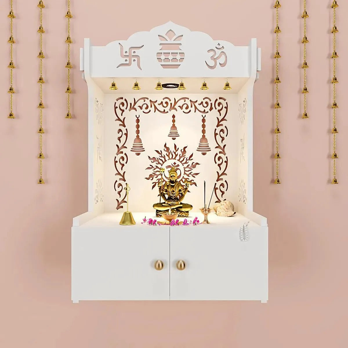White Wooden Wall Mounted Temple with Engraved Om & Swastik Design Pooja Mandir for Home