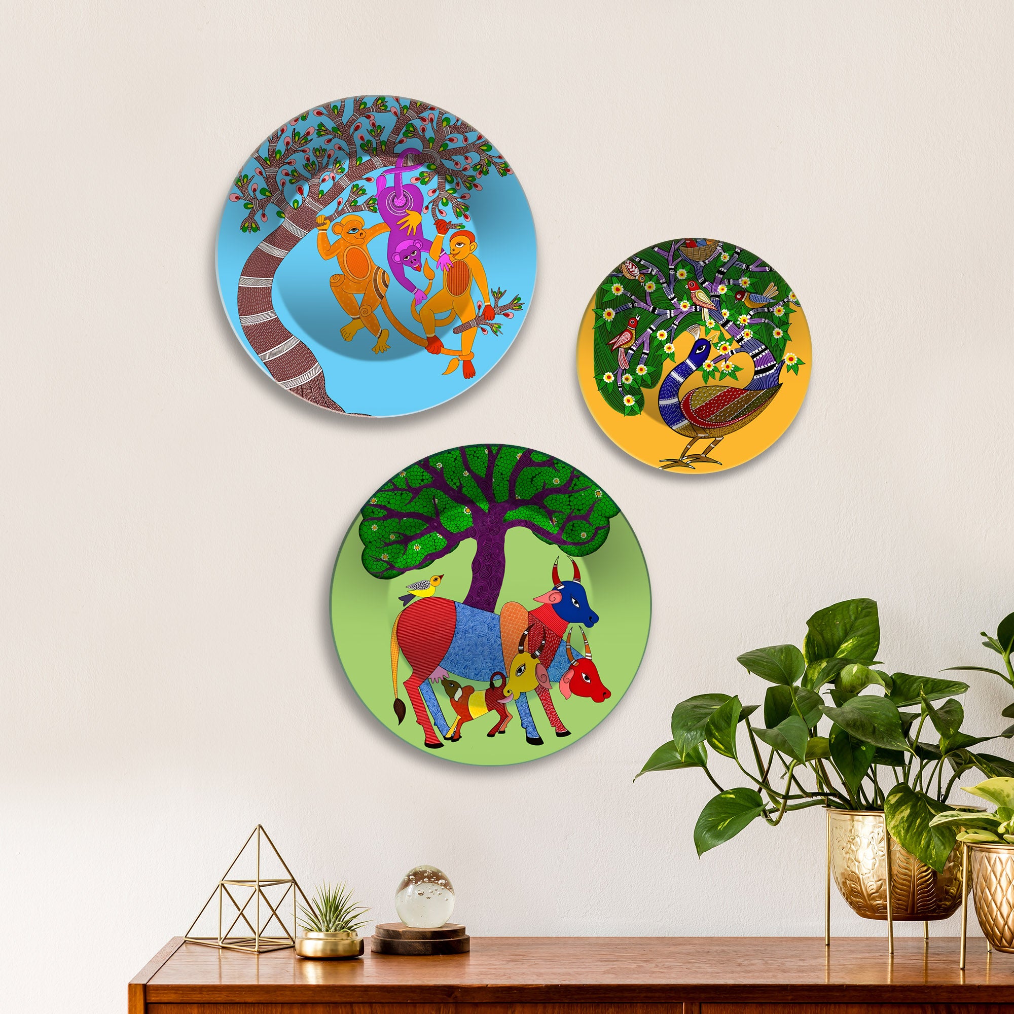 Wild Harmony Tribal Animal Premium Wall Plates Painting Set of 3
