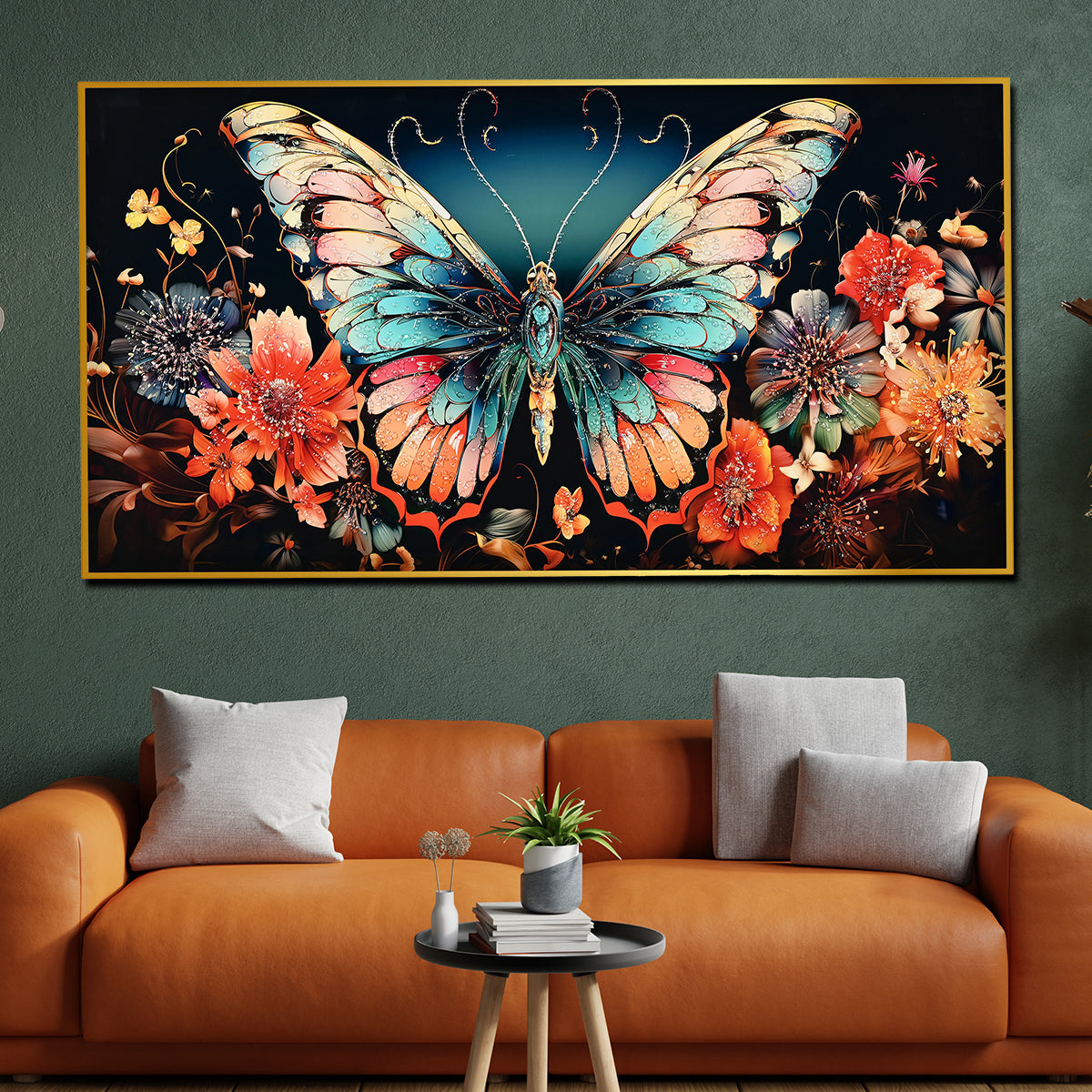 Wings of Floral Butterfly Framed Crystal Glass Painting