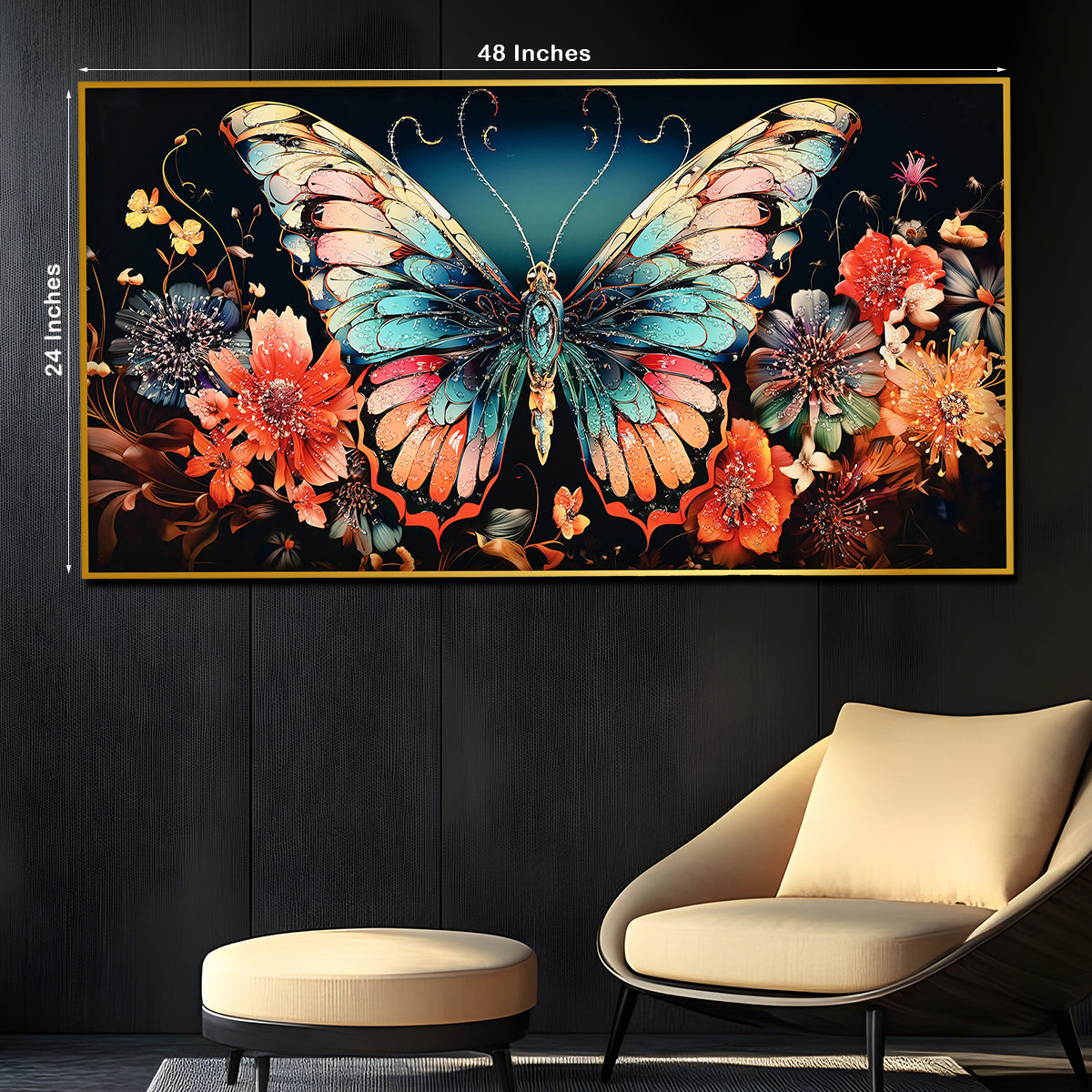 Wings of Floral Butterfly Framed Crystal Glass Painting