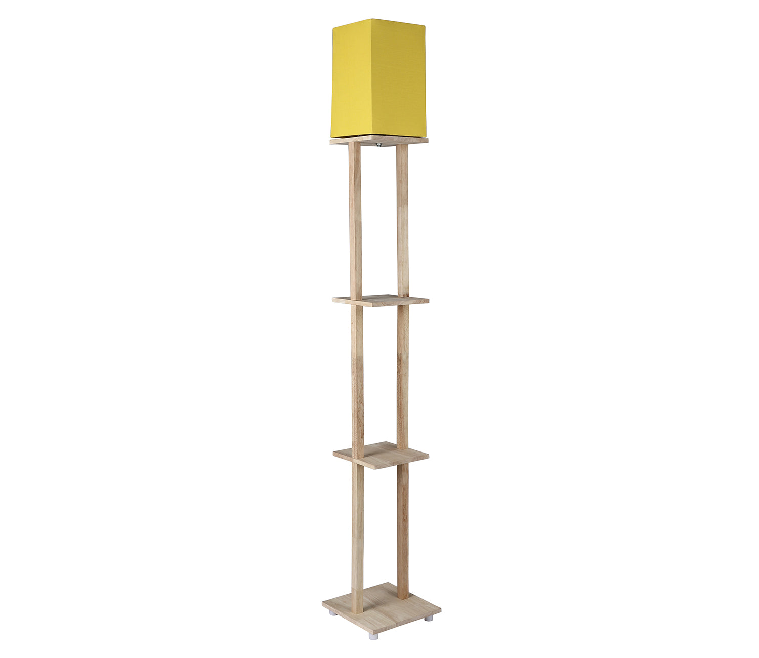 Yellow Color Cotton Shade 3 Tier Shelf Storage Solid Wooden Floor Lamp