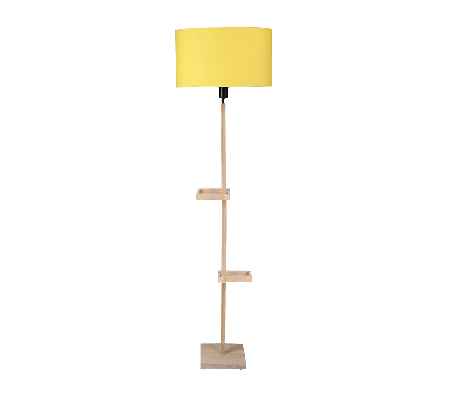 Yellow Fabric Double Shelf Floor Lamp with Natural Solid Wood Color Base