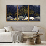 Dark Blue Snowy Background Floating Canvas Wall Painting Set of Three