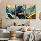  Golden Flower and Waves Floating Canvas Wall Painting Set of Three