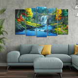 Waterfall in Forest Canvas Wall Painting Five Pieces