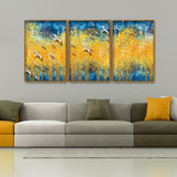 Birds Flying Over Golden Trees Forest Floating Canvas Wall Painting Set of Three