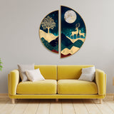 Modern Art of Mountains and Deer Semi Circle Floating Frames Painting Set Of 2